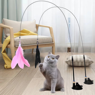 Retractable Cat Teaser Wand with Suction Cup & Replaceable Feather Head